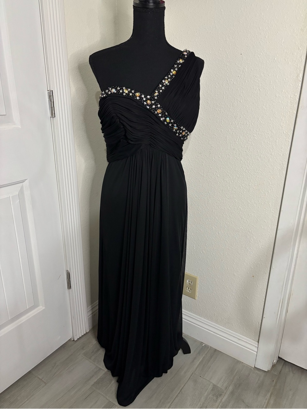 Dancing Queen One-Shoulder Black Evening Gown with Jeweled Trim